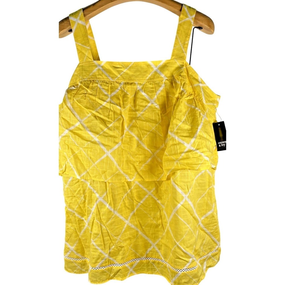 Crown & Ivy Women's Top Curvy Strap 1X, Lg Bust Ruffle and eyelet detail,Yellow